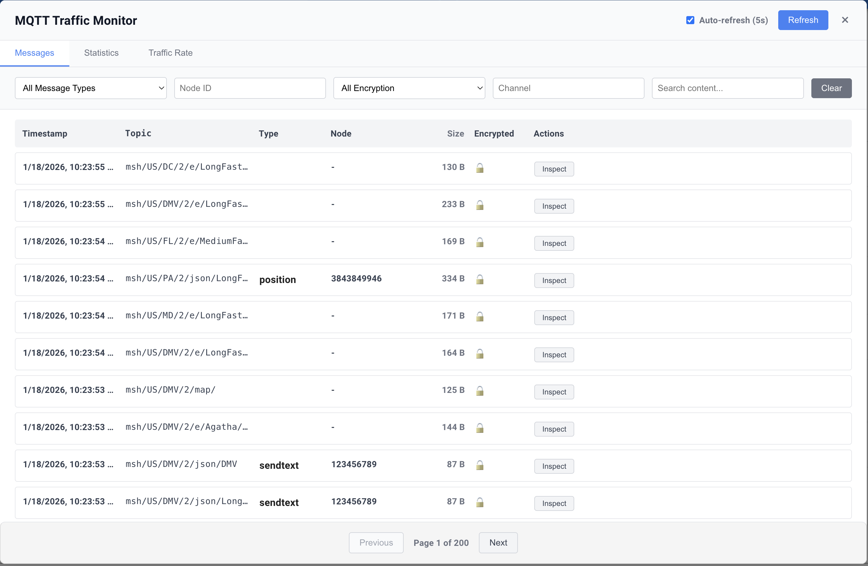 MQTT traffic monitoring interface